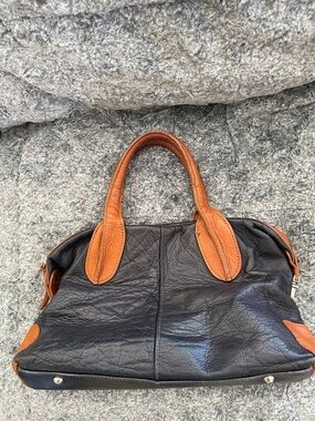 Borse In Pelle Two-Tone Navy Blue and Cognac Soft Slouchy Leather Satchel